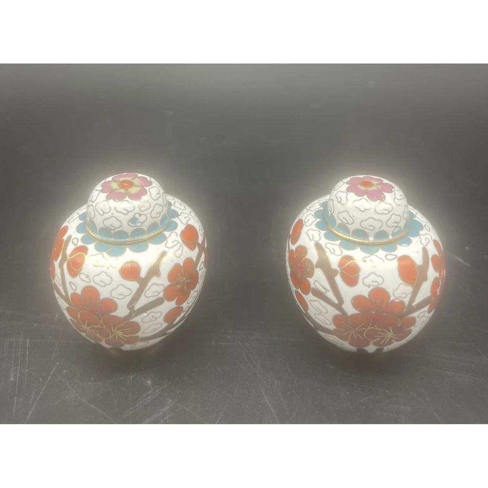 VTG Petite Brass Enamel‎ Floral Cloisonné Ginger Jars Urns w/ Lids & Stands-2